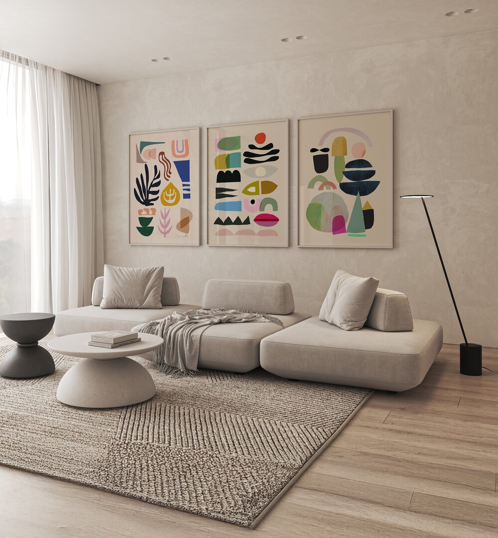 Brighten your space with the ABSTRACT NORD SET, SET OF 3 PAINTINGS, featuring vibrant designs perfect for modern decor.