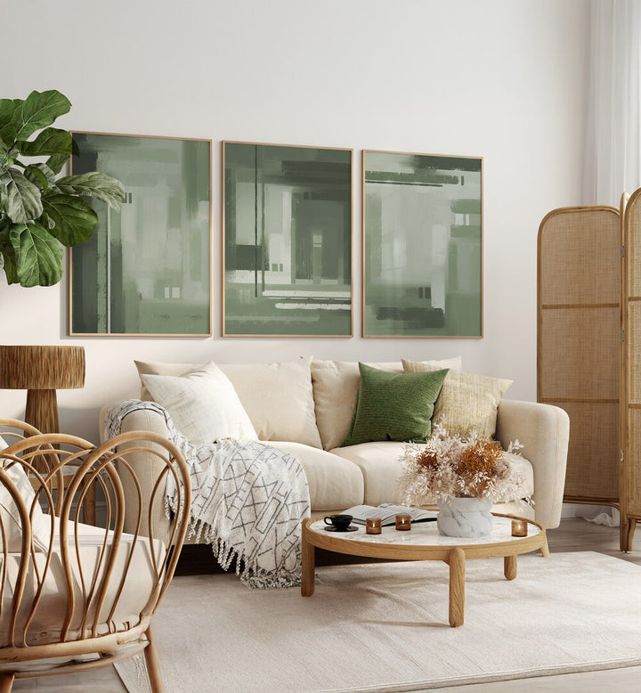 Enhance your home with the ABSTRACT SAGE GREEN SET, SET OF 3 PAINTINGS, perfect for a serene living space.