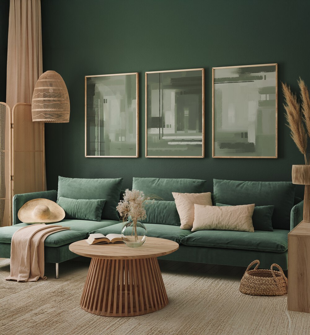 Transform your space with the ABSTRACT SAGE GREEN SET, SET OF 3 PAINTINGS, perfect for a serene home décor.