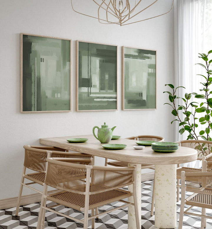 Enhance your decor with the ABSTRACT SAGE GREEN SET, SET OF 3 PAINTINGS, perfect for a serene living space.