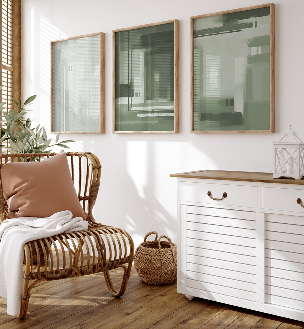 Elevate your home with the ABSTRACT SAGE GREEN SET, SET OF 3 PAINTINGS, perfect for a serene ambiance.