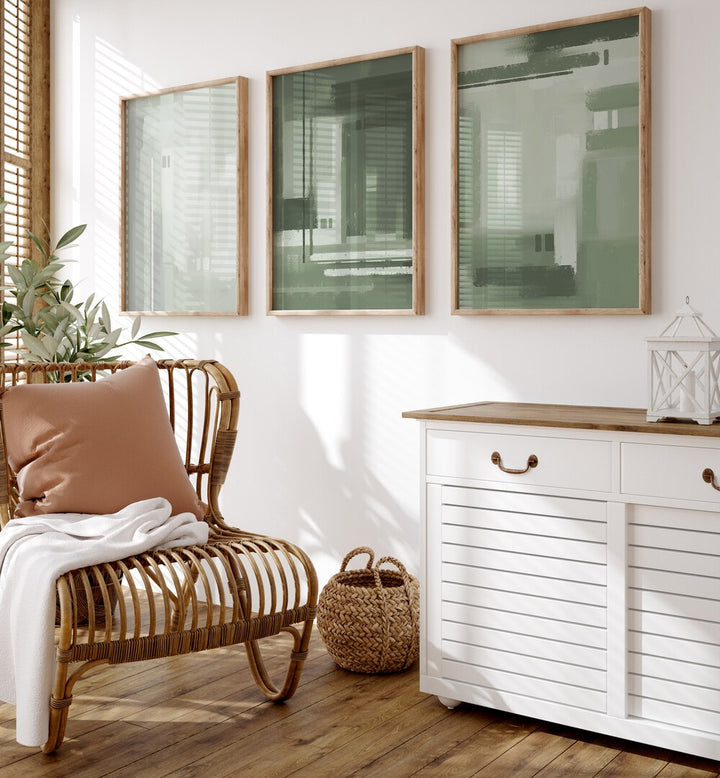 Elevate your home with the ABSTRACT SAGE GREEN SET, SET OF 3 PAINTINGS, perfect for a serene ambiance.