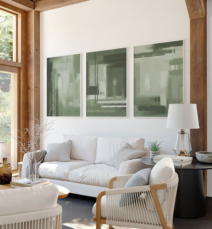 Elevate your home with the ABSTRACT SAGE GREEN SET, SET OF 3 PAINTINGS, perfect for a serene ambiance.