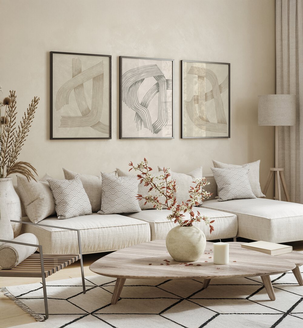 Enhance your decor with the ABSTRACT SOPHISTICATED INTERSECTIONS SET, SET OF 3 PAINTINGS, featuring elegant modern designs.