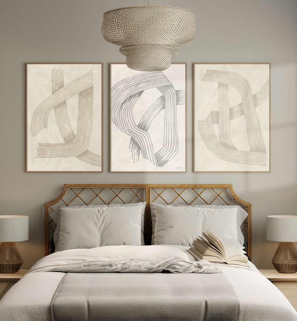Elegant bedroom featuring the ABSTRACT SOPHISTICATED INTERSECTIONS SET, SET OF 3 PAINTINGS enhancing modern decor.