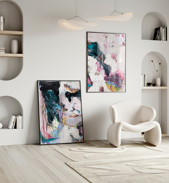 Vibrant interior showcasing the ABSTRACT STATEMENT STROKES, SET OF 2 PAINTINGS, enhancing modern decor with bold design.