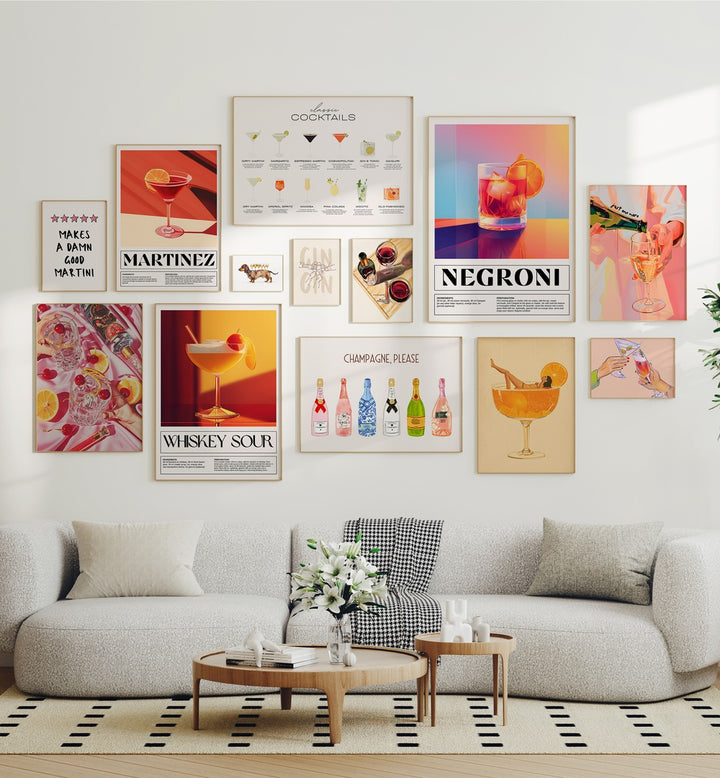 A DAMN GOOD COCKTAIL GALLERY WALL from Asian Monk showcases stylish cocktail art for elegant gallery walls.