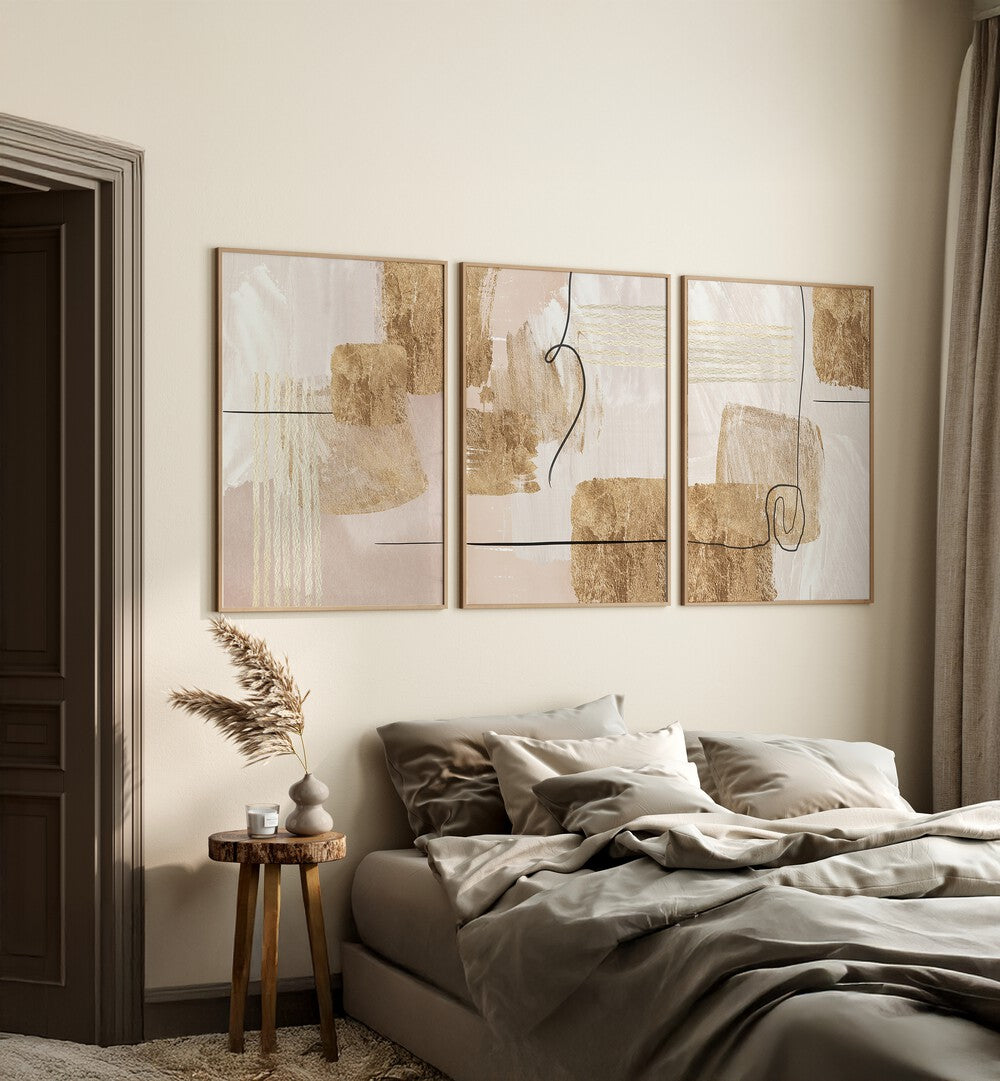 Elevate your decor with the AESTHETIC GOLD SET, SET OF 3 PAINTINGS featuring elegant gold designs.