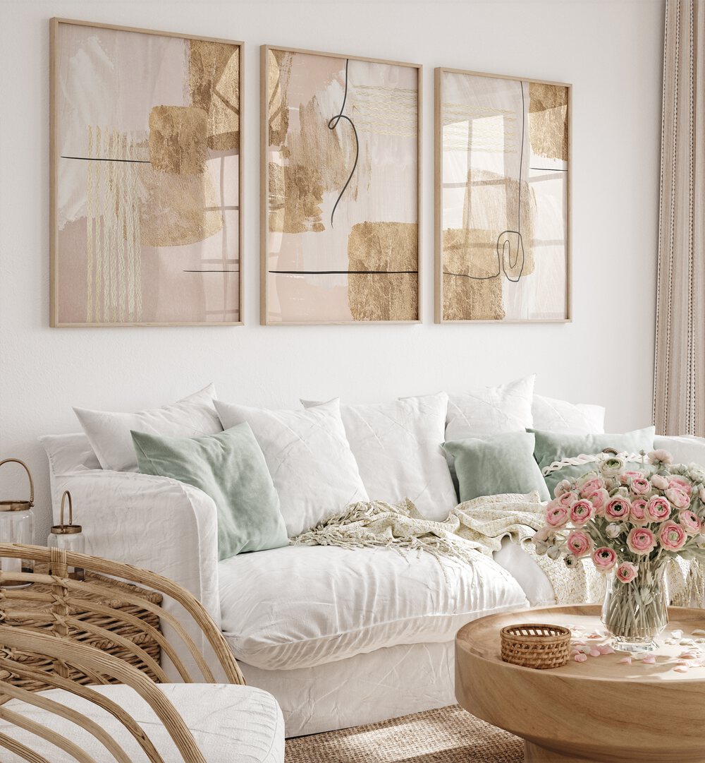 Elevate your decor with the AESTHETIC GOLD SET, SET OF 3 PAINTINGS, featuring unique gold-adorned designs.