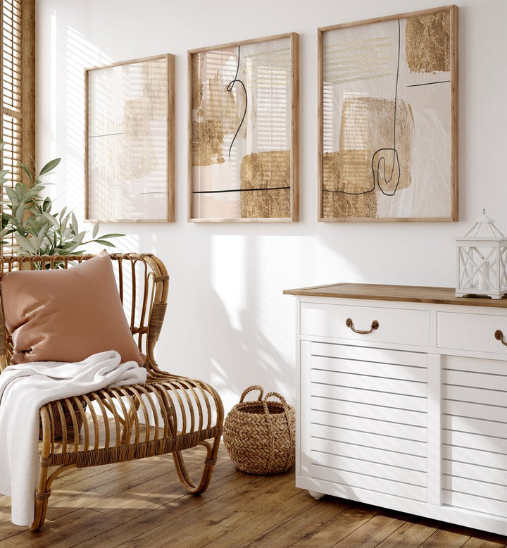 Elevate your decor with the AESTHETIC GOLD SET, SET OF 3 PAINTINGS, showcasing modern art and sophistication.