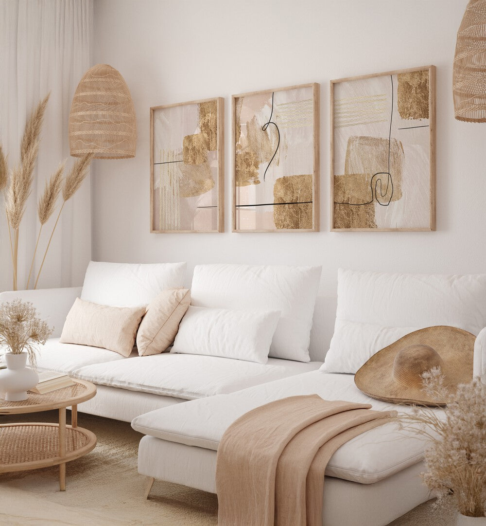 Elevate your decor with the AESTHETIC GOLD SET, SET OF 3 PAINTINGS, showcasing sophisticated gold designs.