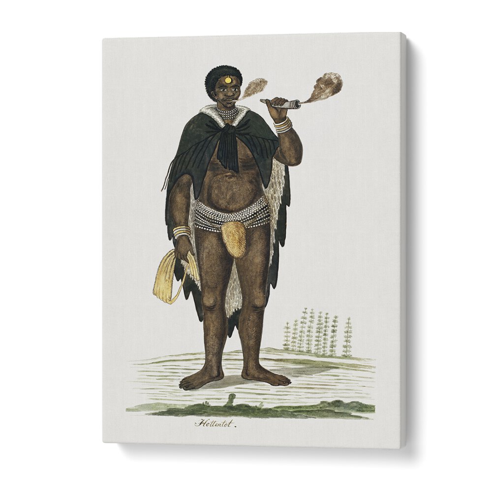 Khoikhoi man smoking a pipe, featured in our AFRICAN TRIBAL, AFRICAN ART PAINTINGS collection, showcasing rich heritage.