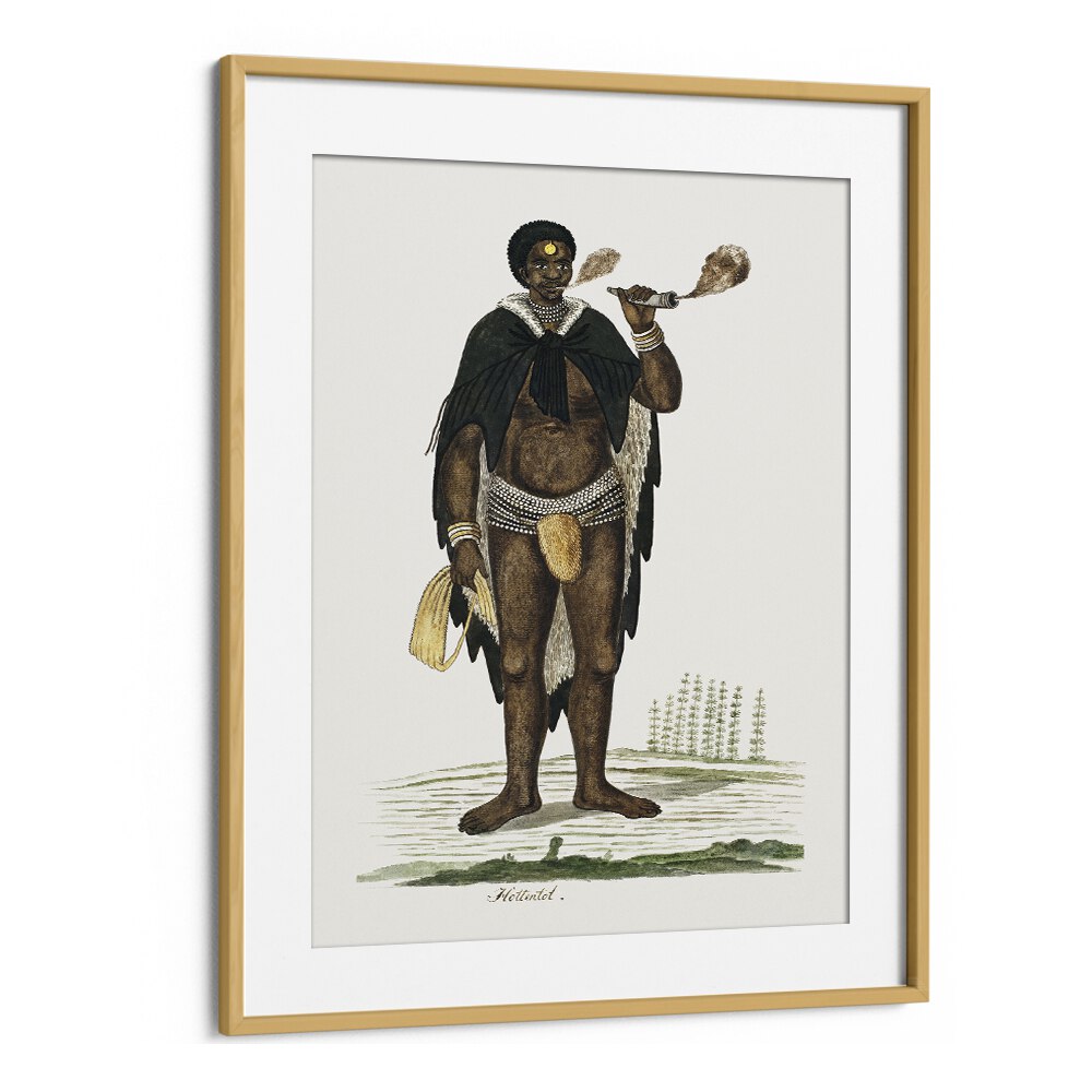 Captivating AFRICAN TRIBAL, AFRICAN ART PAINTINGS featuring a Khoikhoi man smoking a pipe, framed in oak wood.