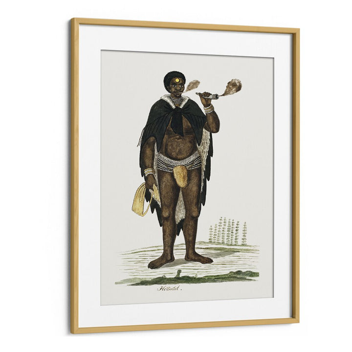 Captivating AFRICAN TRIBAL, AFRICAN ART PAINTINGS featuring a Khoikhoi man smoking a pipe, framed in oak wood.