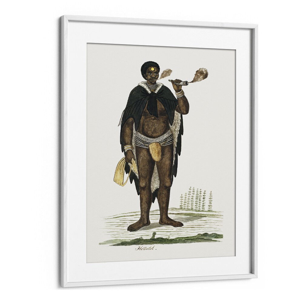 Captivating AFRICAN TRIBAL, AFRICAN ART PAINTINGS featuring a Khoikhoi man smoking a pipe in a white frame.