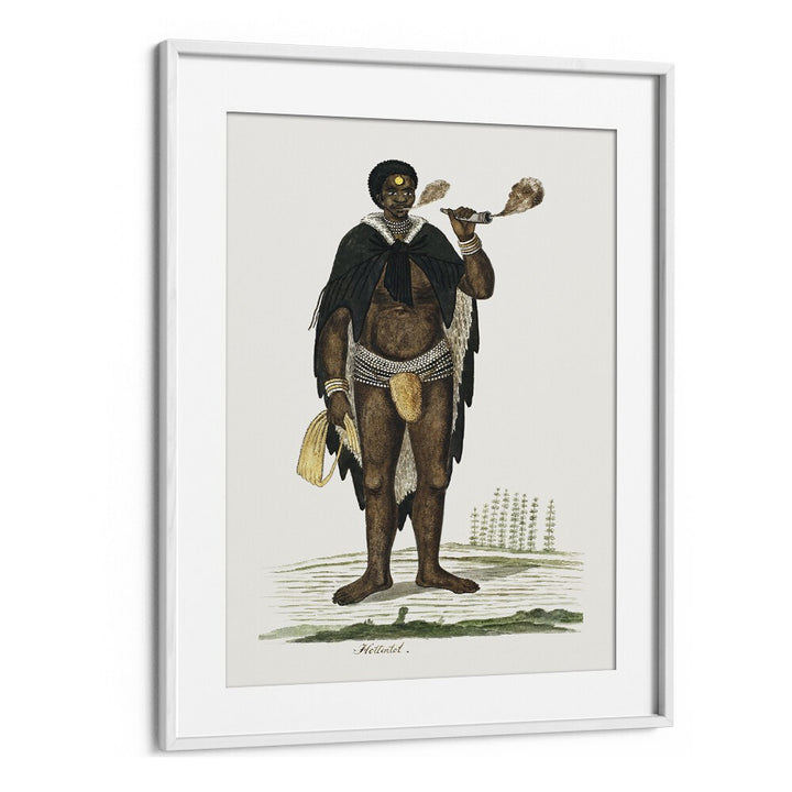 Captivating AFRICAN TRIBAL, AFRICAN ART PAINTINGS featuring a Khoikhoi man smoking a pipe in a white frame.