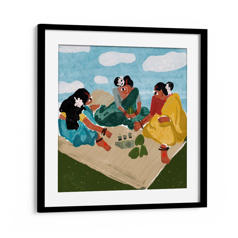 Afternoon Picnic By Shreya Roy Chowdary, Indian Art Paintings Artwork in Black Frame With Mount