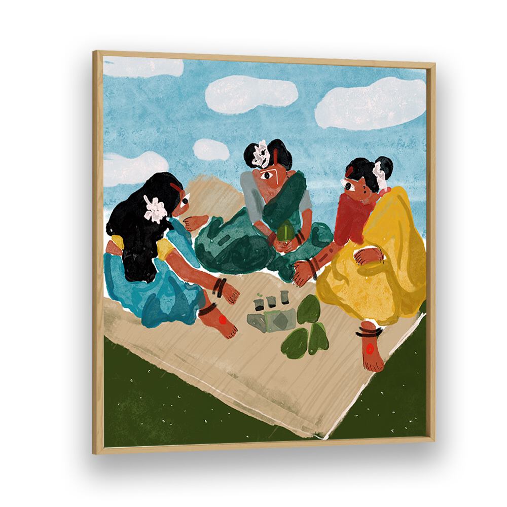 Afternoon Picnic By Shreya Roy Chowdary, Indian Art Paintings Artwork in Oak Wood Plain Frame
