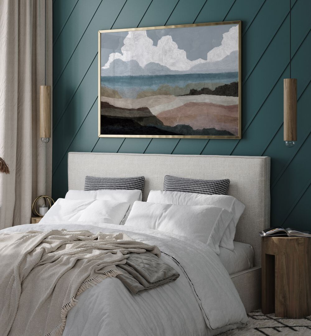 Elegant ALDERNEY , LANDSCAPE PAINTINGS displayed above a cozy bed, enhancing the room's tranquil atmosphere.