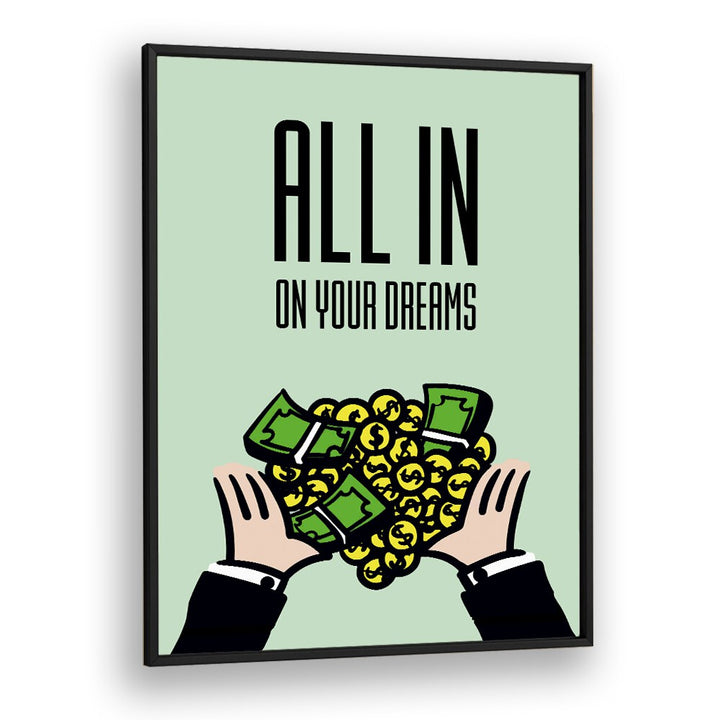Stylish ALL IN ON YOUR DREAMS, MONEY POSTERS art piece inspires ambition with Monopoly-themed design and vibrant colors.