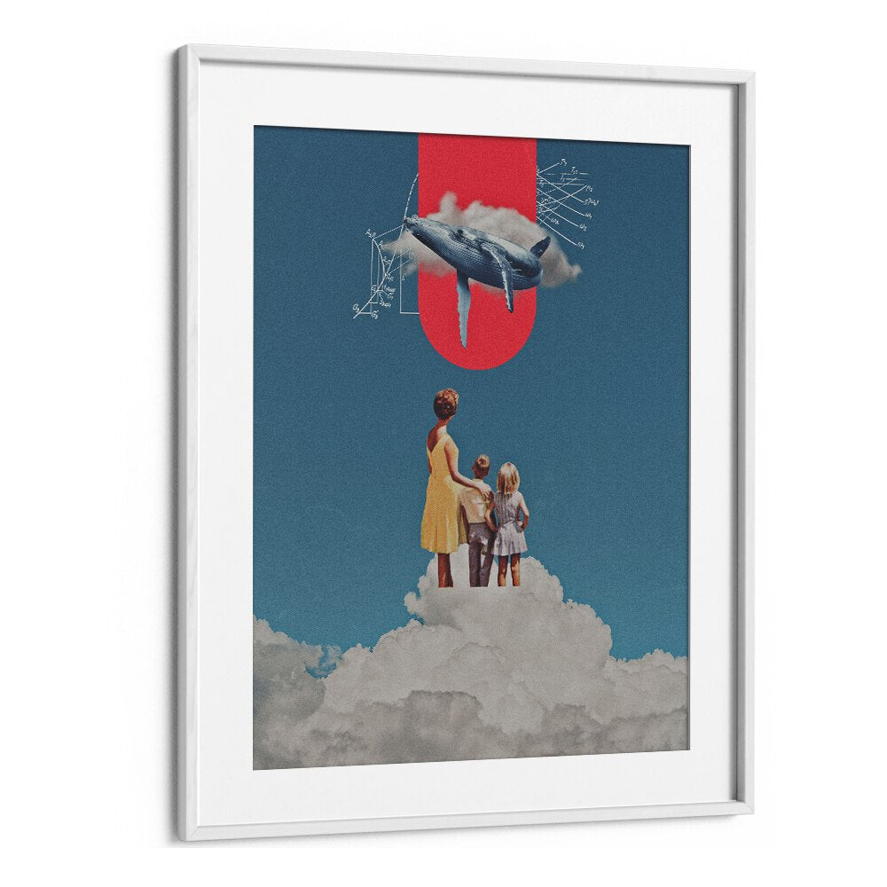 Elevate your decor with ALOHA WHALE, SURREAL ART PRINTS by Space Rocket Art, featuring a whimsical whale in clouds.