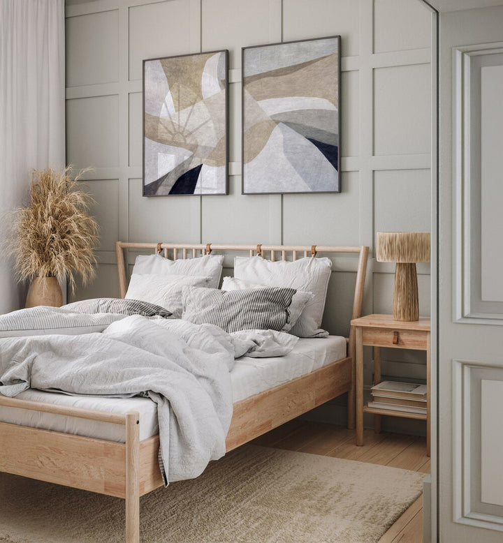 Stylish ALPINE MINIMAL ABSTRACT SET, SET OF 2 PAINTINGS enhancing a serene bedroom atmosphere with organic shapes.