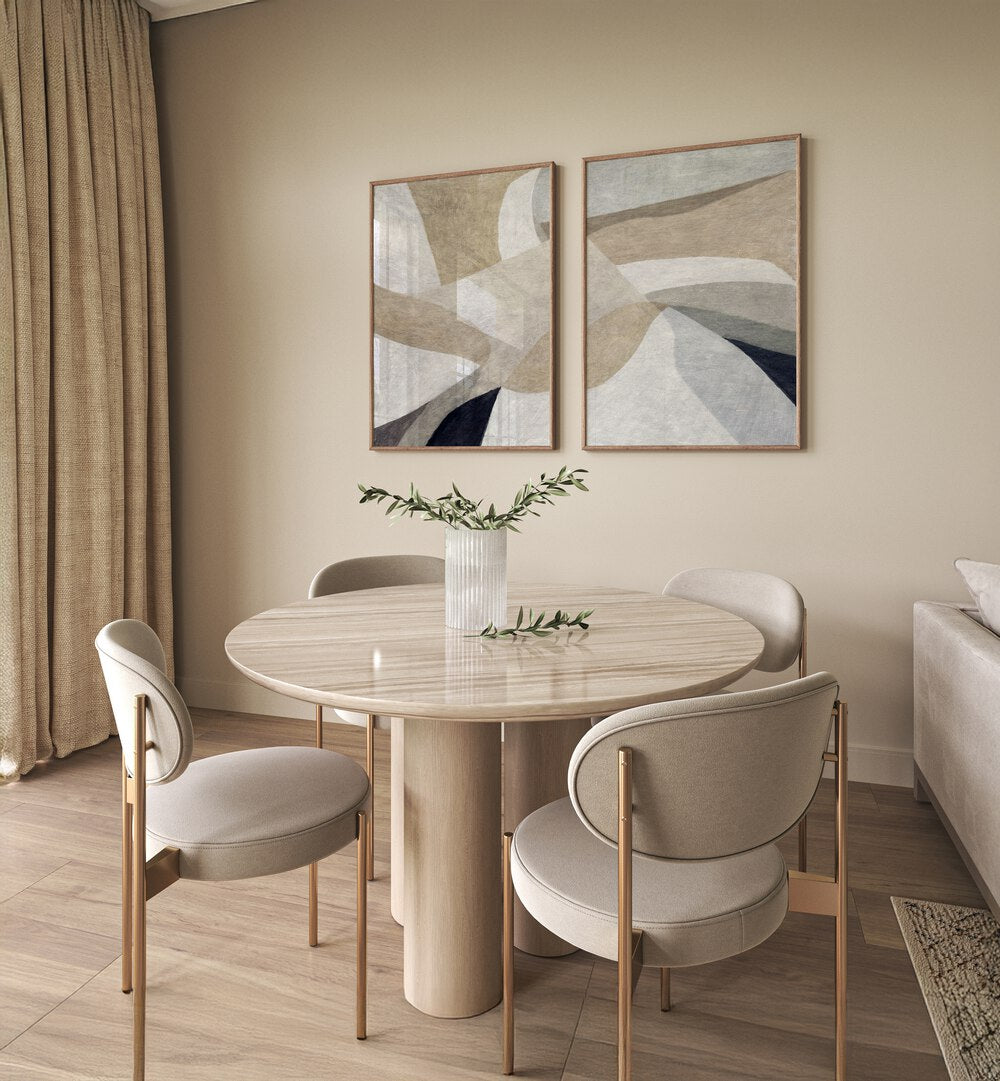 Beautiful living space featuring the ALPINE MINIMAL ABSTRACT SET, SET OF 2 PAINTINGS, enhancing serenity and style.