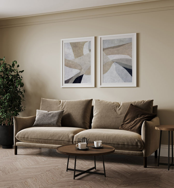 ALPINE MINIMAL ABSTRACT SET, SET OF 2 PAINTINGS enhances modern interiors with serene, flowing designs.