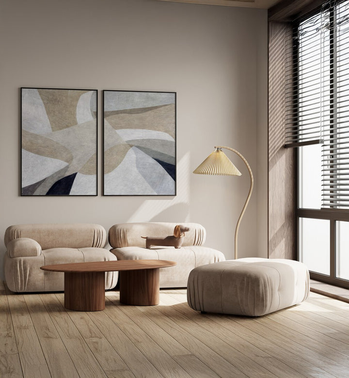 Elevate your decor with the ALPINE MINIMAL ABSTRACT SET, SET OF 2 PAINTINGS, showcasing soft, flowing organic shapes.