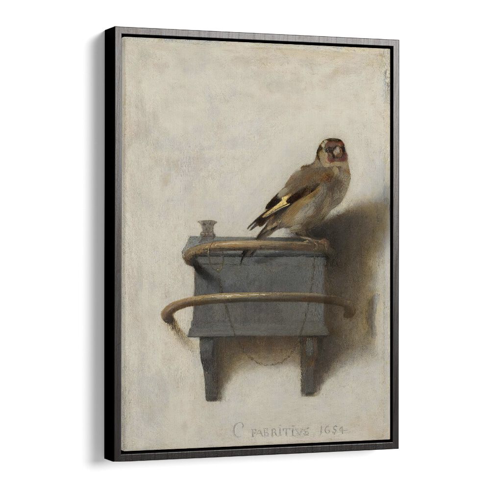 Elegant ALTIN ISPINOZ TABLOSU (1654) VINTAGE PAINTINGS framed artwork showcasing a goldfinch by Carel Fabritius.