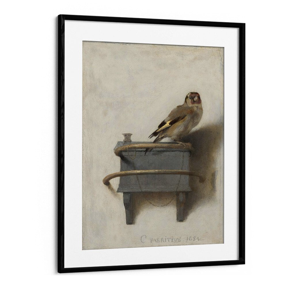 Stunning ALTIN ISPINOZ TABLOSU (1654) VINTAGE PAINTINGS in a sleek black frame, showcasing Carel Fabritius's artistry.
