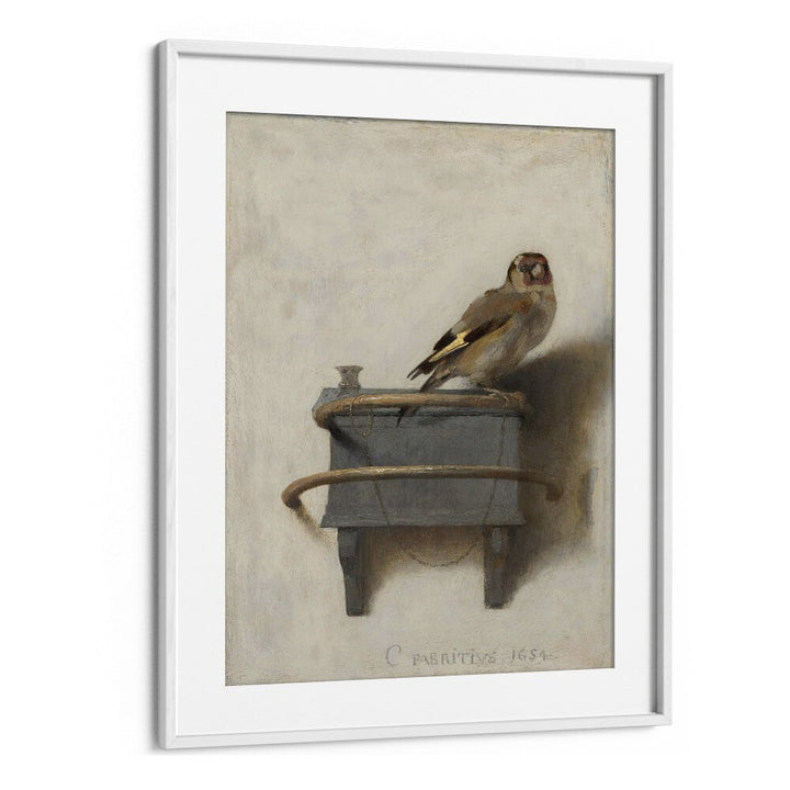 Stunning ALTIN ISPINOZ TABLOSU (1654) VINTAGE PAINTINGS featuring a goldfinch perched on a rustic mount in a white frame.