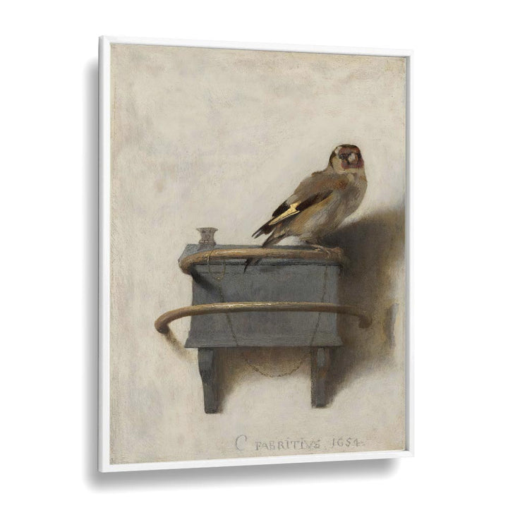 Stunning ALTIN ISPINOZ TABLOSU (1654) VINTAGE PAINTINGS featuring a goldfinch perched on a sleek, gray pedestal.