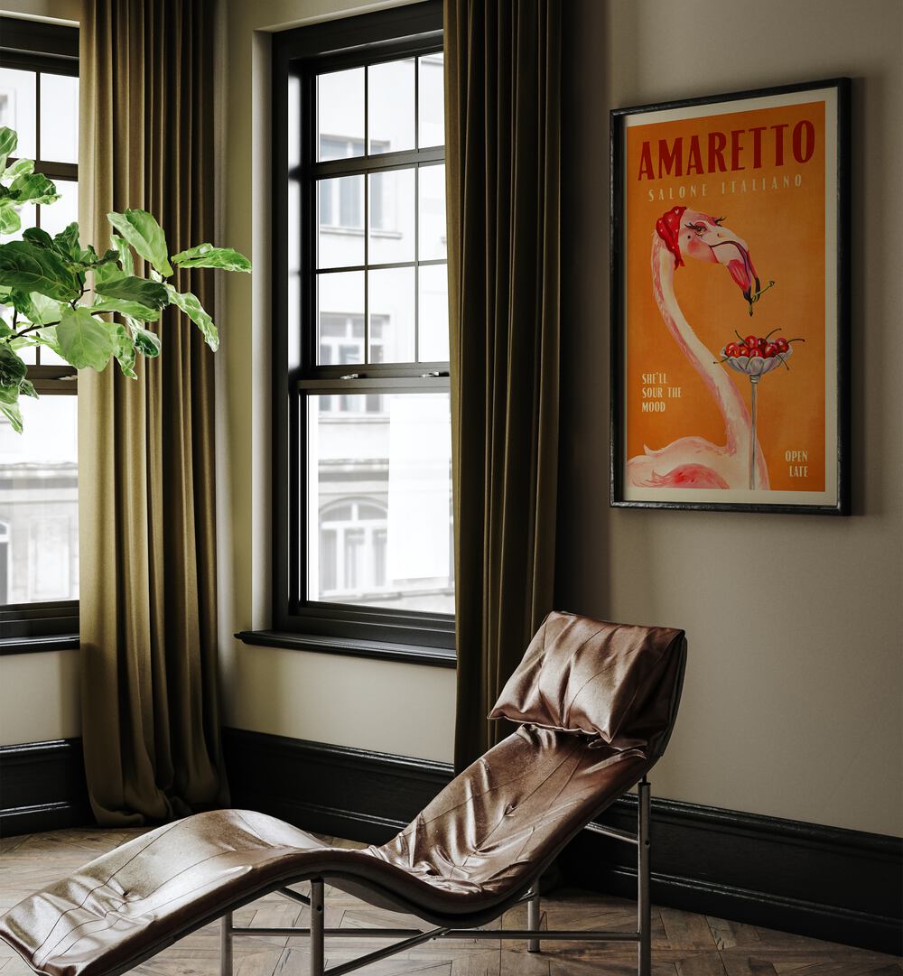 Amaretto Flamingo, Bar decor enhancing a stylish living space with vibrant Italian café charm. Perfect for art lovers.