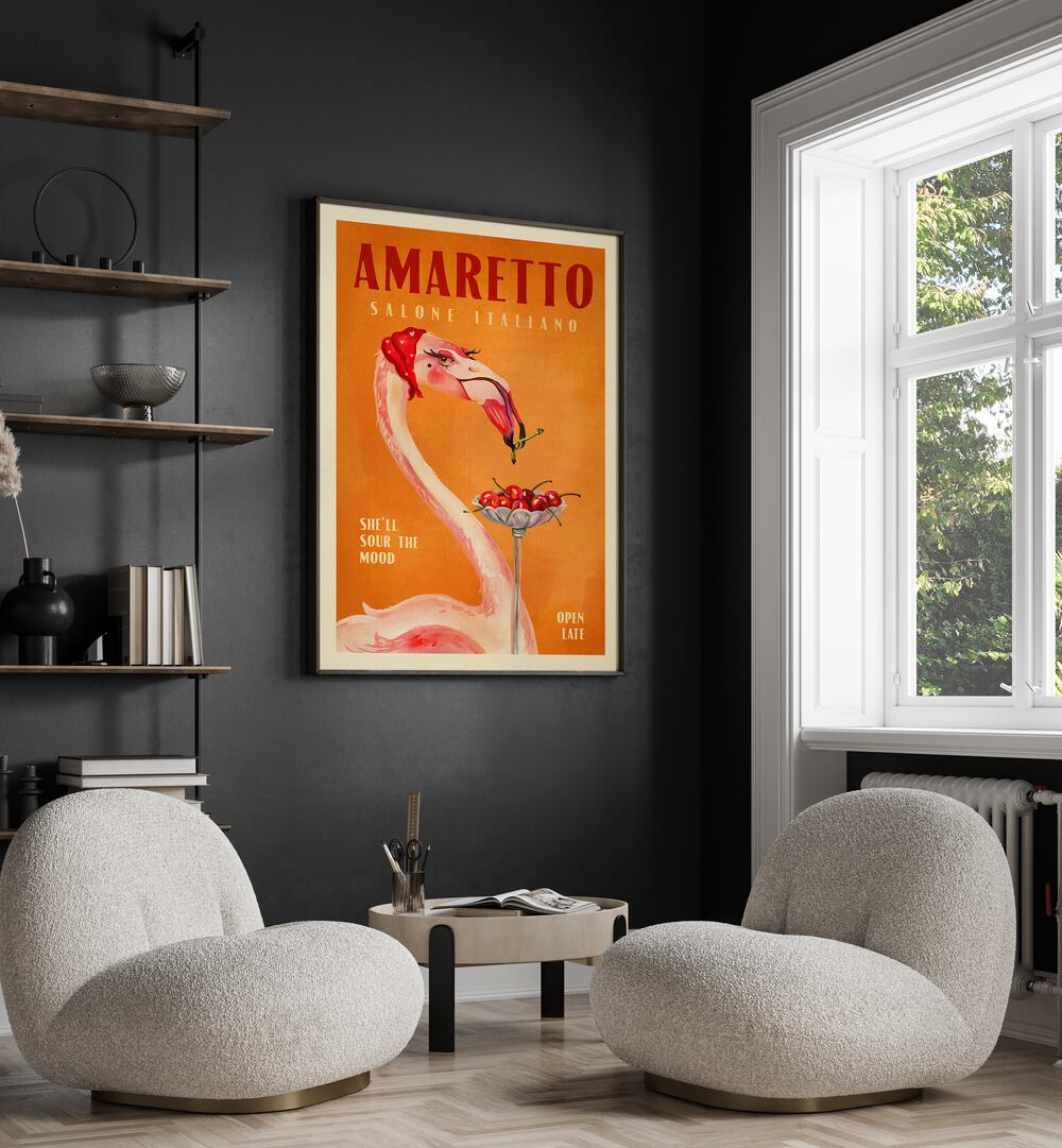 Amaretto Flamingo, Bar art enhances your space with vibrant Italian café charm and artistic elegance.