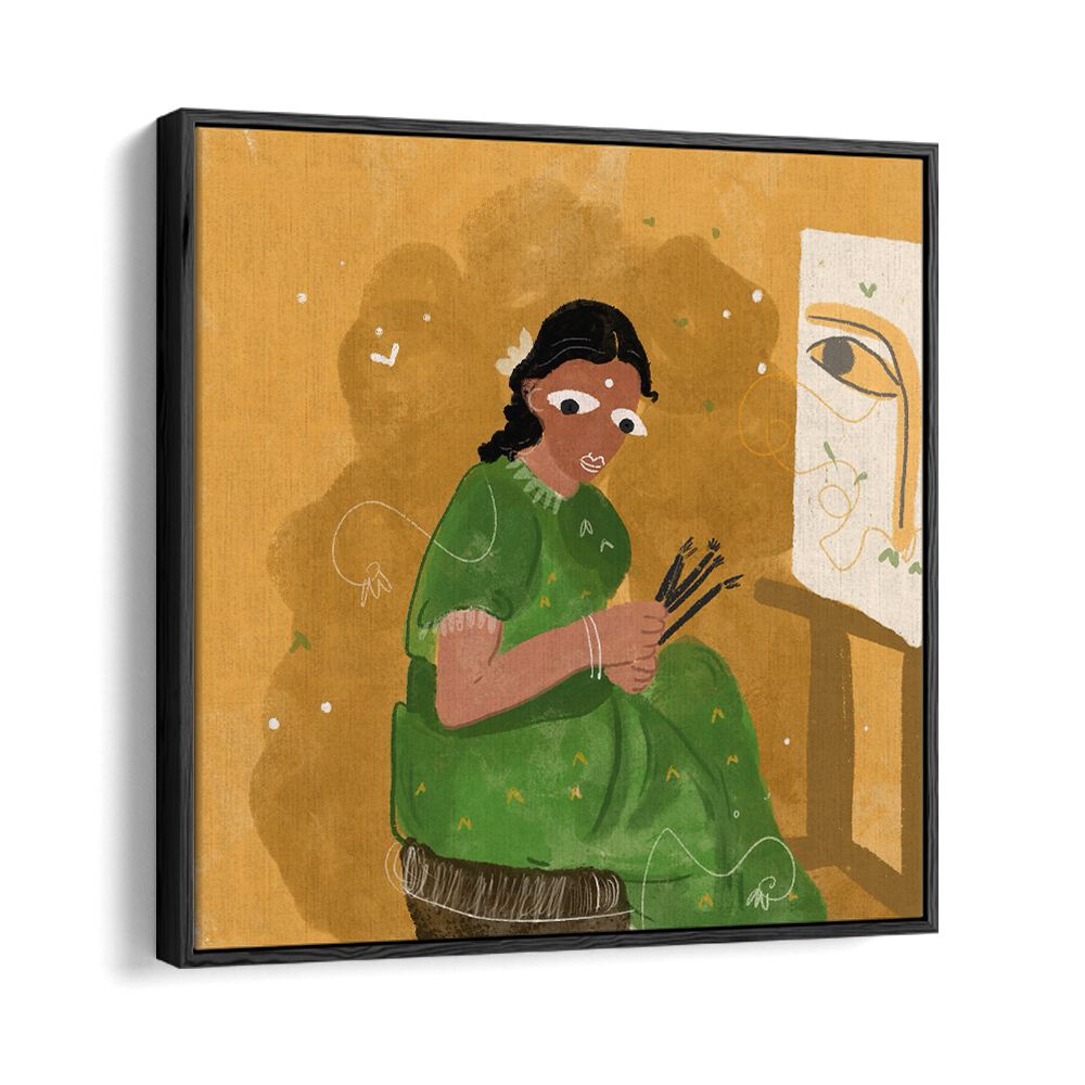 An Artist By Shreya Roy Chowdary, Indian Art Paintings Artwork in Black Floater Frame