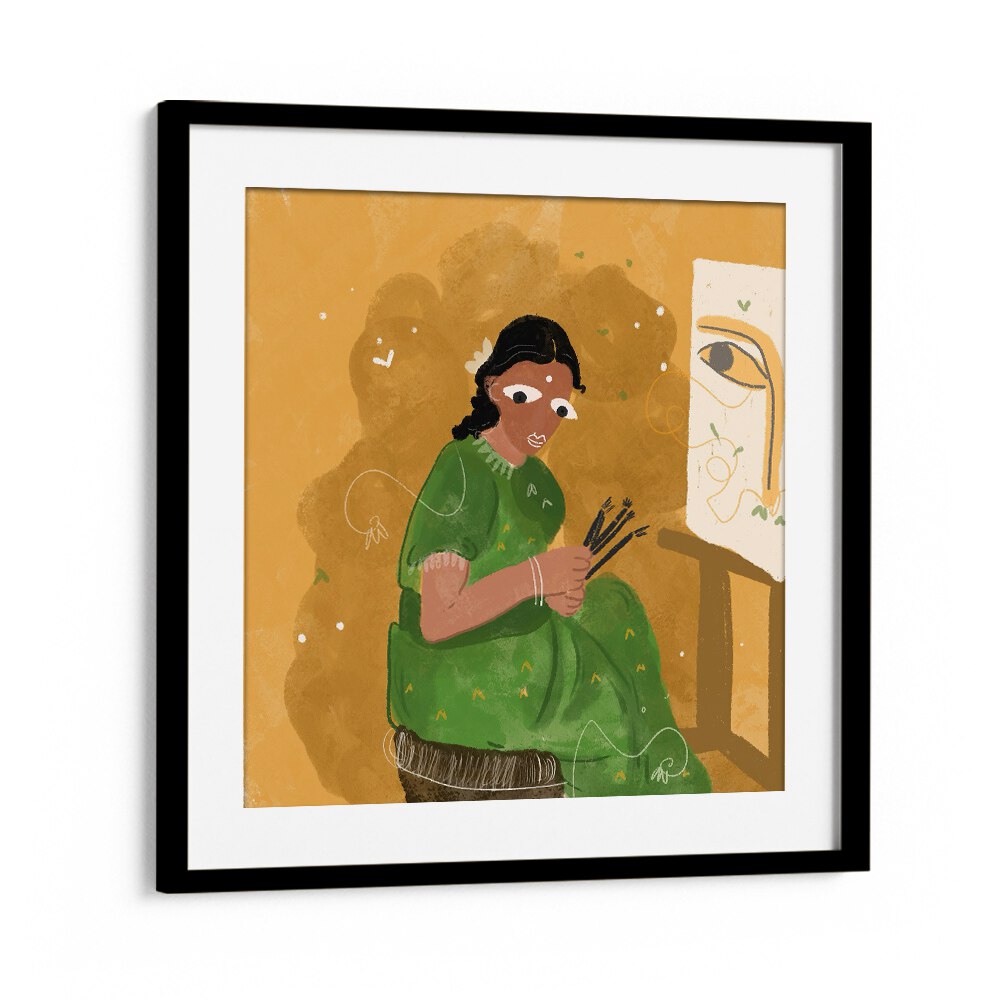 An Artist By Shreya Roy Chowdary, Indian Art Paintings Artwork in Black Frame With Mount