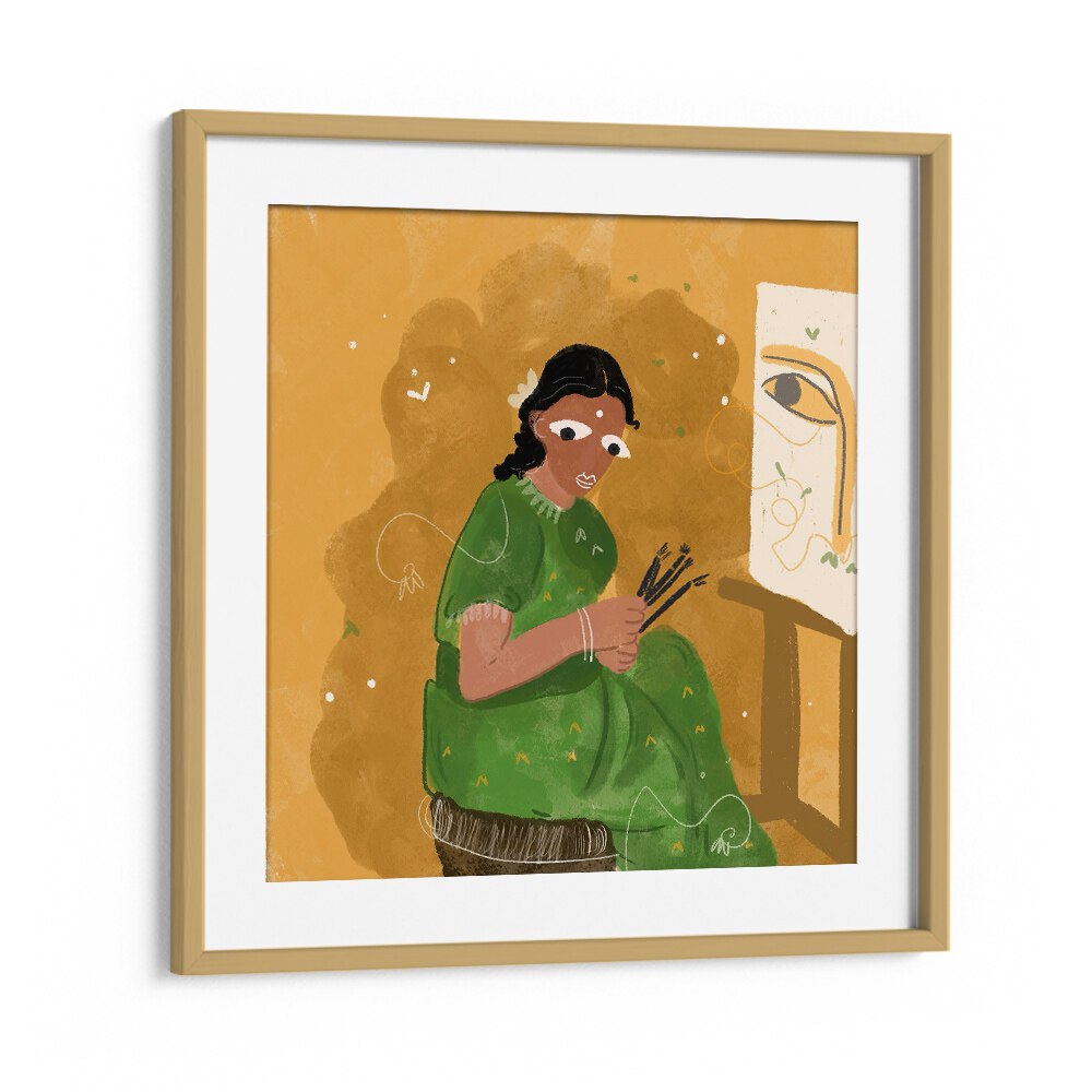 An Artist By Shreya Roy Chowdary, Indian Art Paintings Artwork in Oak Wood Frame With Mount