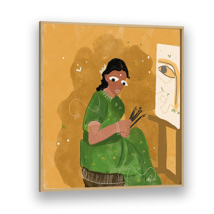 An Artist By Shreya Roy Chowdary, Indian Art Paintings Artwork in Oak Wood Plain Frame