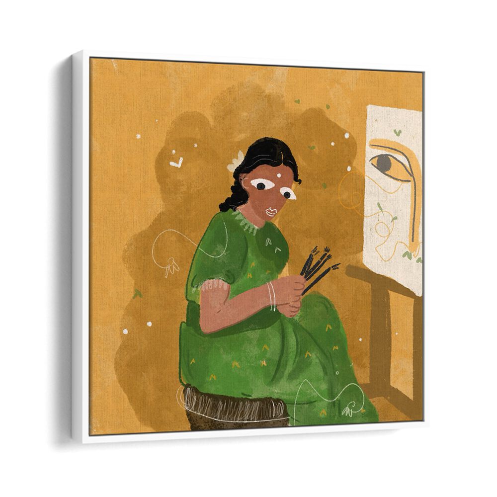 An Artist By Shreya Roy Chowdary, Indian Art Paintings Artwork in White Floater Frame