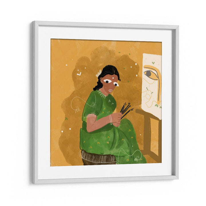 An Artist By Shreya Roy Chowdary, Indian Art Paintings Artwork in White Frame With Mount