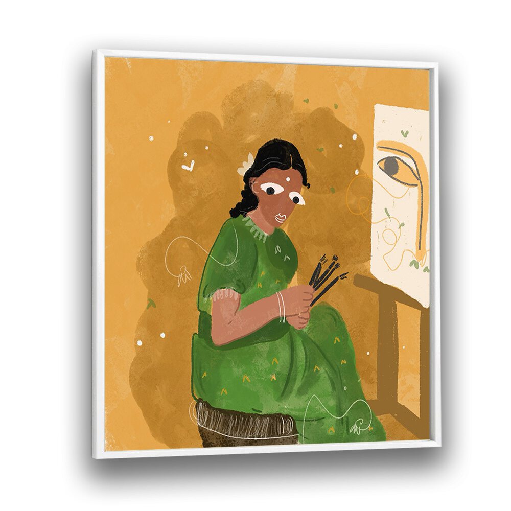 An Artist By Shreya Roy Chowdary, Indian Art Paintings Artwork in White Plain Frame