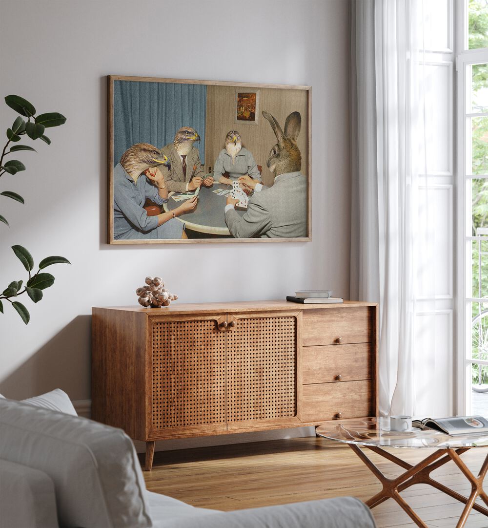 Surreal art print "ANIMAL RUMMY" by Vertigo Artography adds elegance to your space with whimsical animal characters.