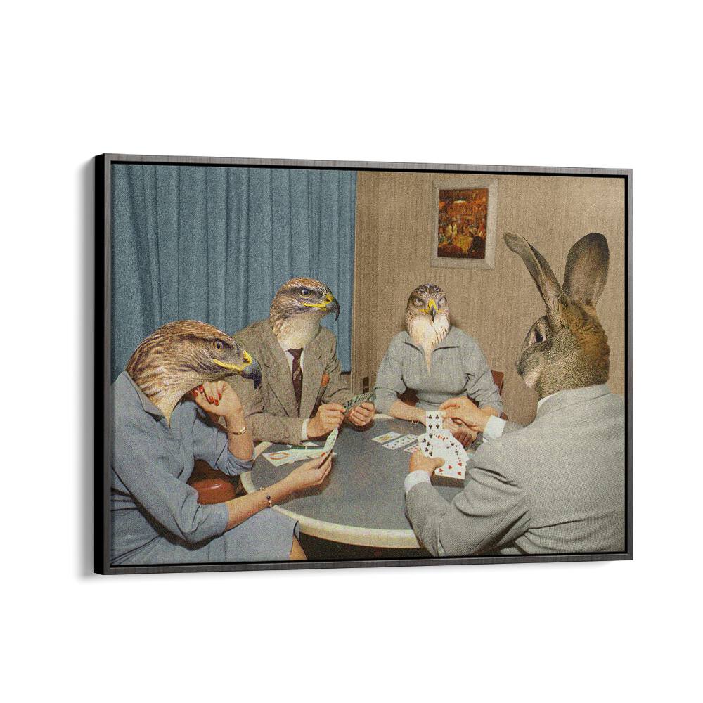 Animal Rummy, Surreal Art Prints featuring whimsical animal heads in a card game, perfect for unique home decor.