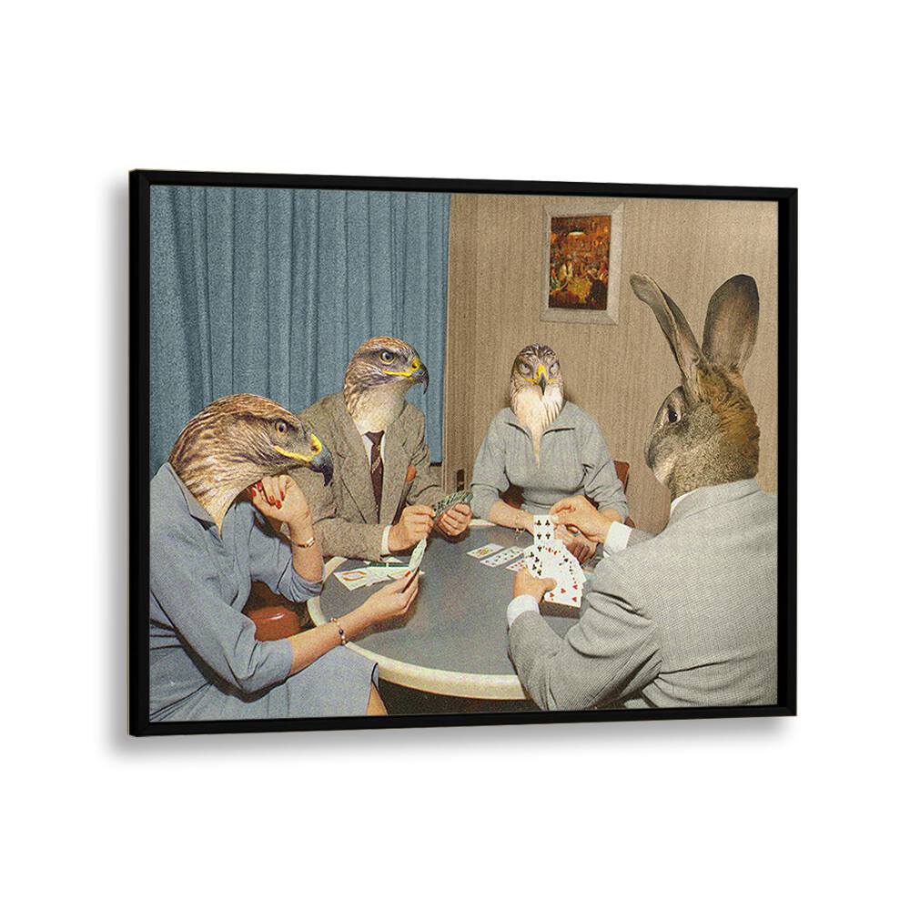 Surreal art print "ANIMAL RUMMY" by Vertigo Artography, featuring animals playing cards in a whimsical setting.