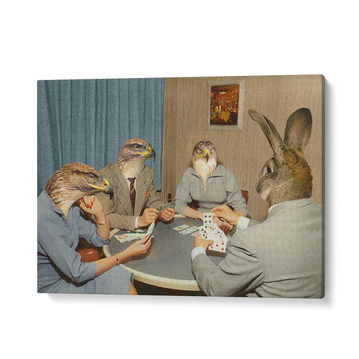 Surreal art print "ANIMAL RUMMY" by Vertigo Artography showcases animals in a whimsical card game setting.