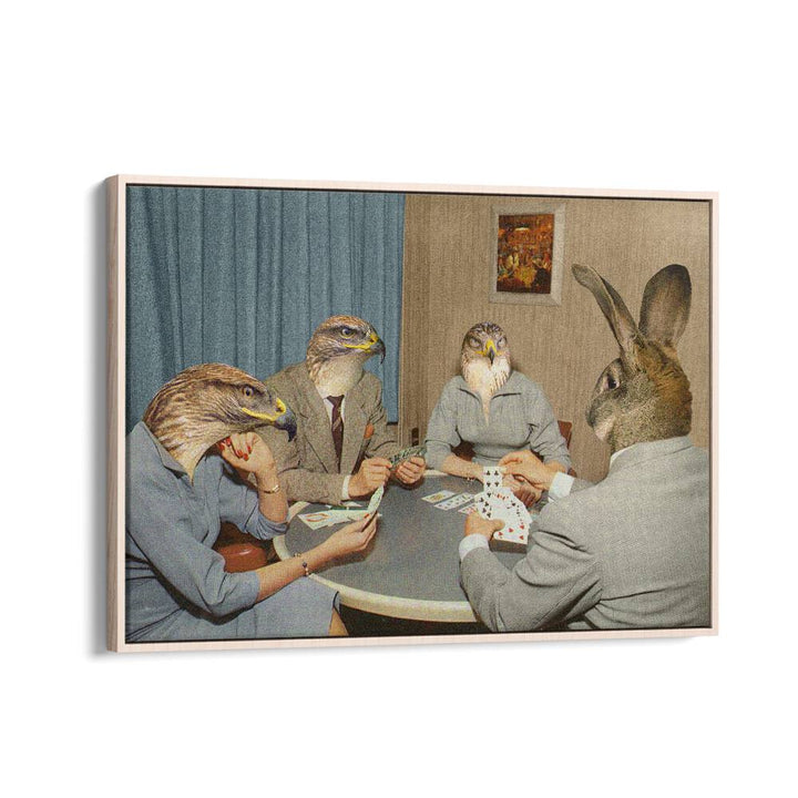 Surreal art print "ANIMAL RUMMY" by Vertigo Artography features animals at a card game, perfect for unique decor.
