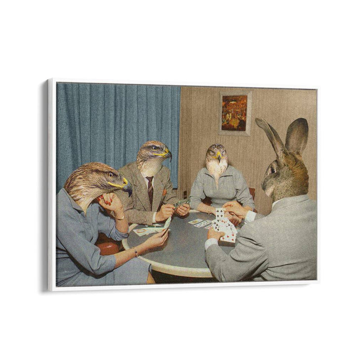 Surreal art print "Animal Rummy" by Vertigo Artography features animals playing cards, perfect for unique decor.
