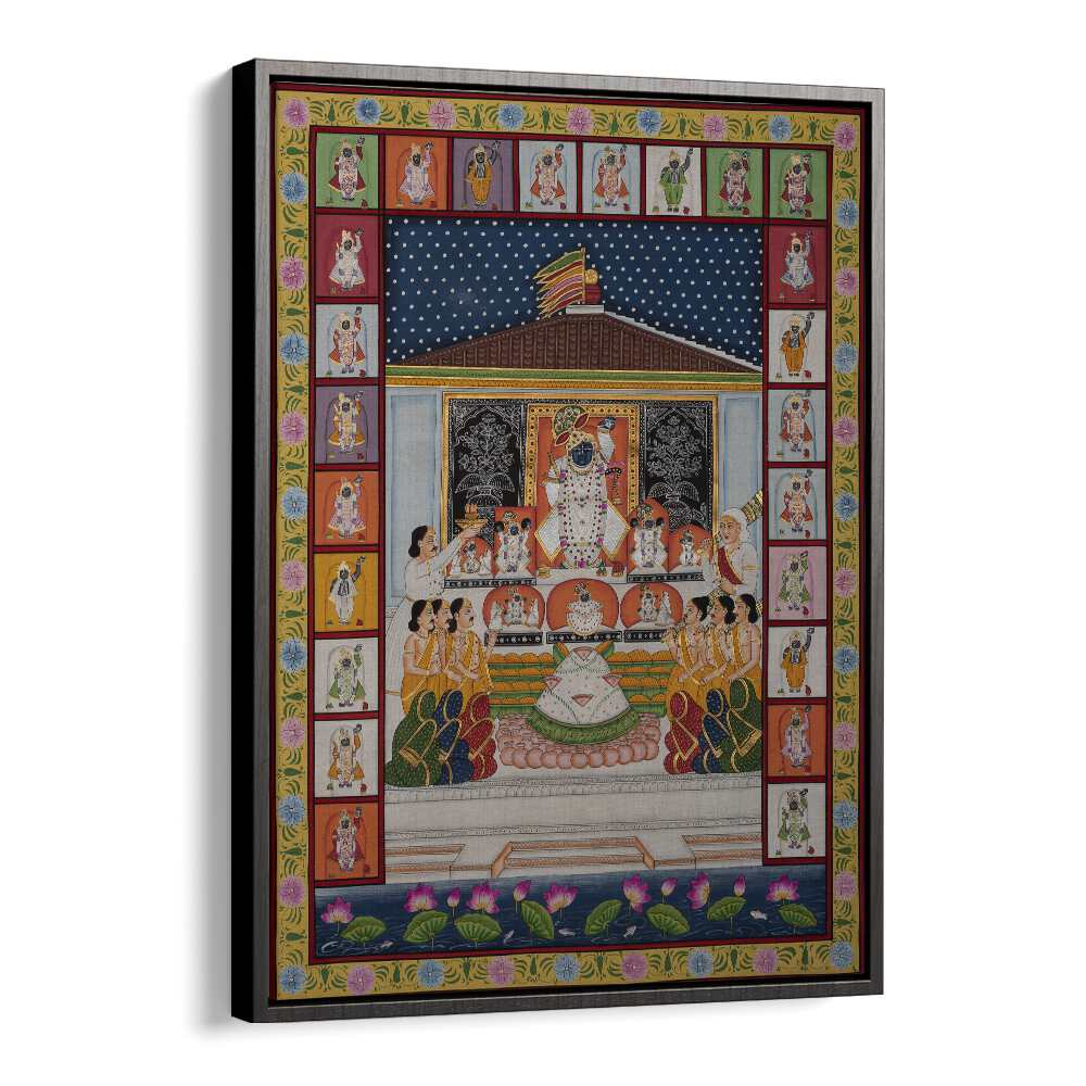 Elegant ANNAKUT PICHWAI ARTWORK, INDIAN ART PAINTINGS in a black floater frame, perfect for enriching your decor.