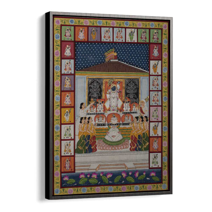 Elegant ANNAKUT PICHWAI ARTWORK, INDIAN ART PAINTINGS in a black floater frame, perfect for enriching your decor.